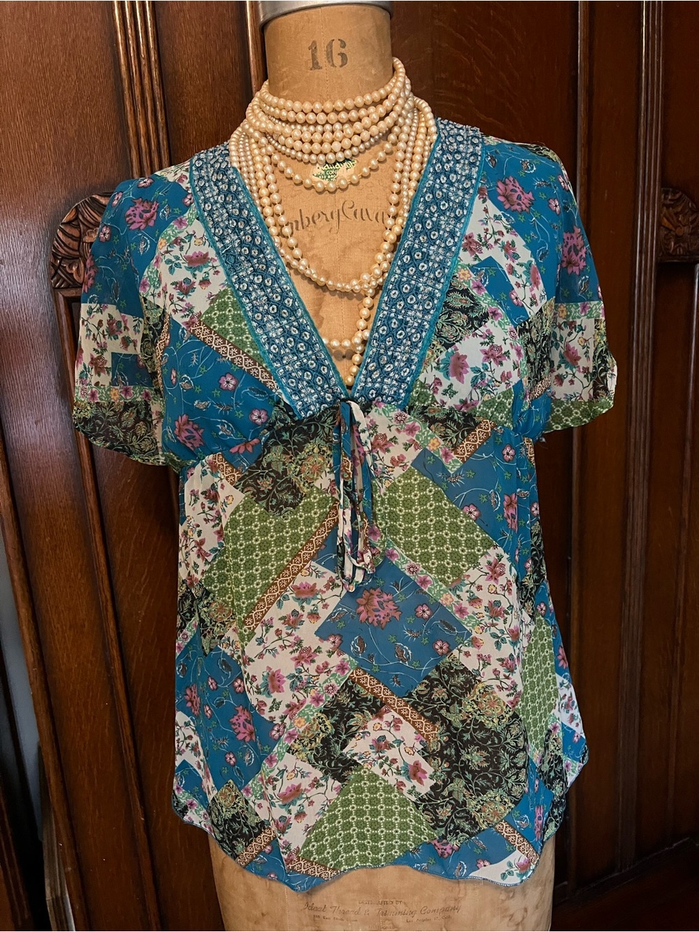 Boho Hippie Teal Patchwork Beaded V‑Neck Tie Front Blouse